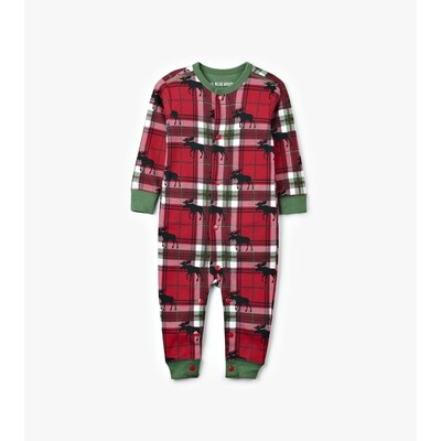 C10793HAT / US0WIMO209 JUMPSUIT RED & GREEN PLAID MOOSE PRINT