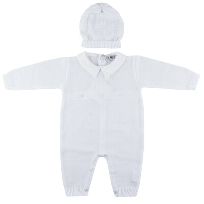 Z10125GBY / 730 ROMPER & HAT WHITE KNIT SQUARES