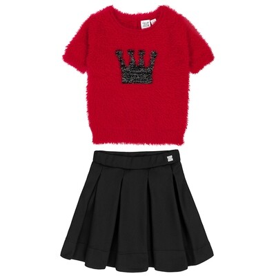 C10017LAY / 20QT71 20Q80 2 PC SWEATER & SKIRT RED&BLACK FEATHER YARN KNITTED-PLEATED SKIRT
