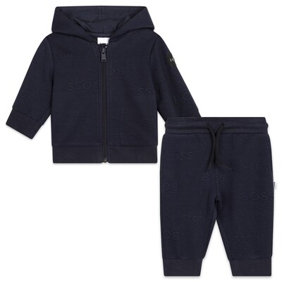 G10039BOS / J08068 2 PC TRACK SUIT NAVY HOODED BOSS ALLOVER EMBOSSED