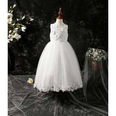 Z10445DAL / D9012072 GOWN OFF WHITE HIGH LOW LEAVES & FLOWER APPLIQUE ON TULLE
