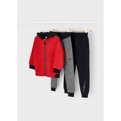 G10664MAY / 907 3 PC TRACKSUIT RED TOP BLACK & GREY PANT HOODED