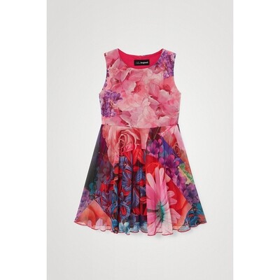 F10791DES / 22SGVK18 DRESS RED PINK & NAVY FLORAL PRINT TULLE FLAIR