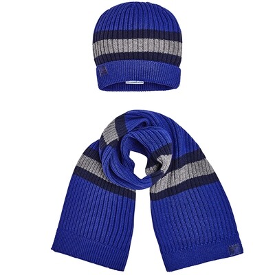 F8MAY07PBL / 2PC SCARF&HAT0483 BLUE/NVY/G