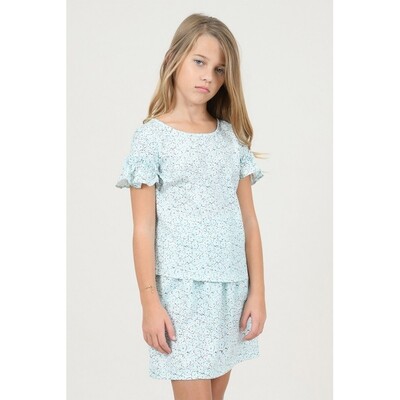 B11243MOL / R1443P BLOUSE MINT & WHITE PRINT RUFFLE CAP SLEEVE B11243MOL / R1443P BLOUSE MINT & WHITE PRINT RUFFLE CAP SLEEVE