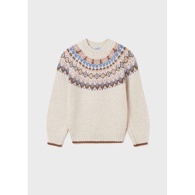 G10973MAY / 7372 KNIT SWEATER BEIGE CABLE STITCH JACQUARD
