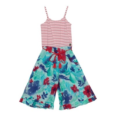 D10551LAY / 30G41 JUMPSUIT STRIPE & FLOWER PRINT RED & WHITE BLUE & RED SPAGHETTI STRAPS