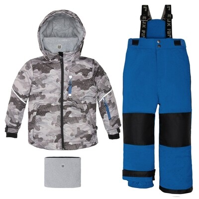 E10592LAY / D10M807 2 PC SNOWSUIT GREY PRINT BLUE PANT WITH NECKWARMER HOODED
