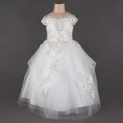 Z10466DAL / 2075-1 GOWN OFF WHITE SILVER LACE BODICE & TULLE SKIRT APPLIQUE LAYERS