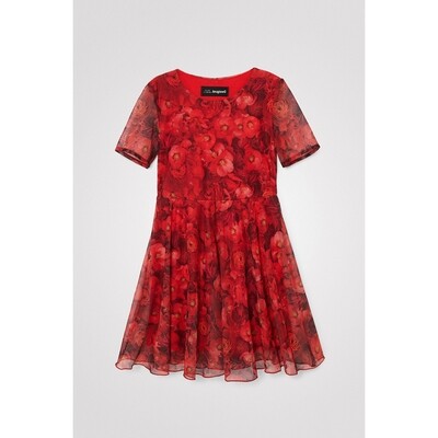 F10140DES / 22SGVK17 DRESS RED PRINTED TULLE SOFT AINA SHORT SLEEVE