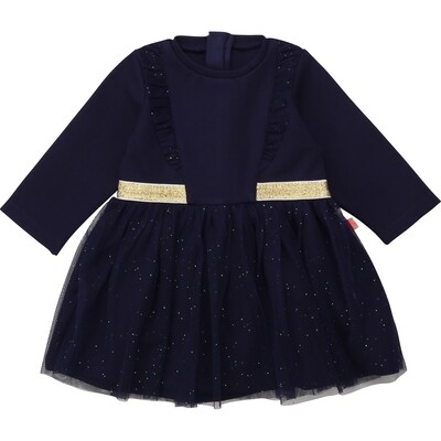 C10303BIL / 2276 DRESS NAVY TULLE SPARKLY LAYER-GOLD WAIST BAND-RUFFLE TRIM