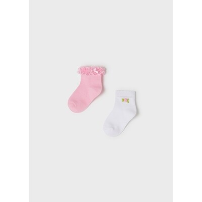 F10481MAY / 10176 2 PC SOCK SET WHITE & ROSE WITH FRILL