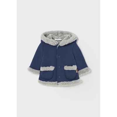 G10929MAY / 2402 FAUX SHEEP FUR COAT NAVY HOODED GREY TRIM G10929MAY / 2402 FAUX SHEEP FUR COAT NAVY HOODED GREY TRIM