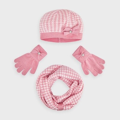 C11102MAY / 10895 3PC HAT & SCARF PINK & WHITE & GLOVES BOW TRIM