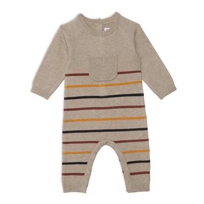 G10762LAY / E20DT41 KNIT ROMPER OATMEAL RED YELLOW & BLACK STRIPE