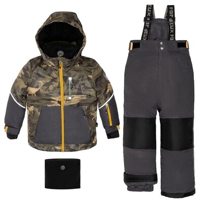E10591LAY / D10L807 2 PC SNOWSUIT KAKI PRINTED GREY FRONT & PANT WITH NECKWARMER  HOOD