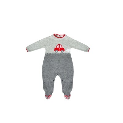 A11399KID / KNIT ROMPER GREY WITH FEET RED