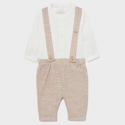 D10274MAY / 11741569 2PC SHIRT & PANT CREAM & BEIGE LINEN WITH SUSPENDERS LONG SLEEVE