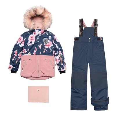 G10054LAY / E10D803 2 PC SNOWSUIT WITH NECK WARMER NAVY PINK ROSES PRINT
