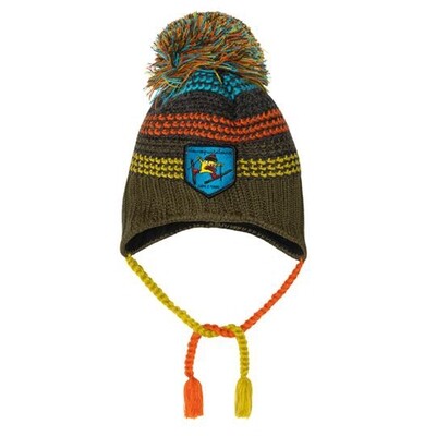 E10295LAY / D10ZN02 KNIT HAT KHAKI WITH MULTICOLORED STRIPES & EAR FLAPS WITH TASSELS