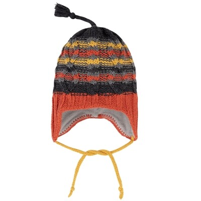 C10665LAY / 10ZK02 KNIT HAT ORANGE EARFLAPS GREY & YELLOW STRIPE C10665LAY / 10ZK02 KNIT HAT ORANGE EARFLAPS GREY & YELLOW STRIPE