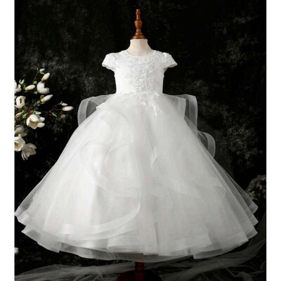 Z10461DAL / D20498 GOWN OFF WHITE SATIN EMBROIDERED BODICE & TULLE LAYERS SKIRT H/BONE TRIM