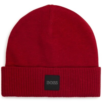 G10053BOS / J21257 KNIT PULL ON HAT RED BOSS LOGO PATCH