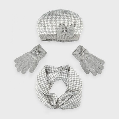 C11101MAY / 10895 3PC HAT & SCARF GREY & WHITE & GLOVES BOW TRIM