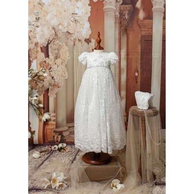 Z10437DAL / Y2128 GOWN & BONNET OFF WHITE SEQUIN EMBROIDERED TULLE RSTONE BELT