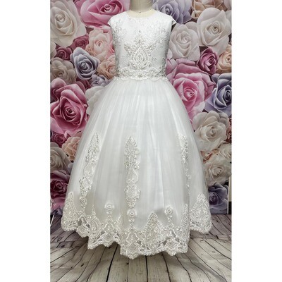 Z10666DAL / D20618 DRESS OFF WHITE LACE EMBROIDERED TULLE BODICE & HEM  PEARLS