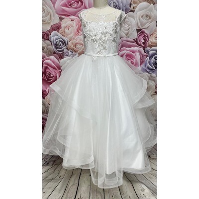 Z10687DAL / D20450 GOWN OFF WHITE PEARL & FLOWER APPLIQUE BODICE TULLE LAYERS