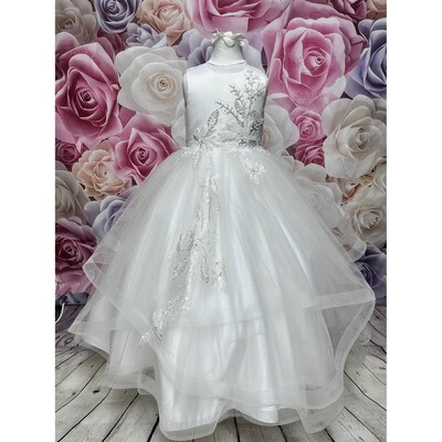 Z10667DAL / D20472 DRESS OFF WHITE SEQUIN & PEARL APPLIQUE LAYERED TULLE SKIRT