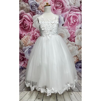 Z10714DAL / D9012072 DRESS OFF WHITE HIGH LOW LEAVES & FLOWER APPLIQUE PEARL BUTTONS