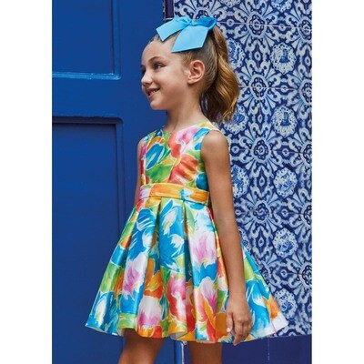 H10285ABE / 5059-083 DRESS TURQUOISE  & MCL FLORAL PRINT & BELT PLEATED SKIRT