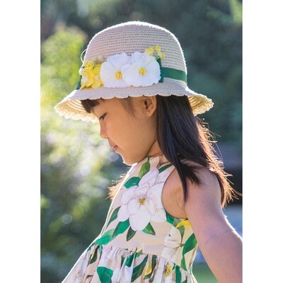 H10429MAY / 10499-062 STRAW HAT YELLOW & WHITE FLOWER APPLIQUE