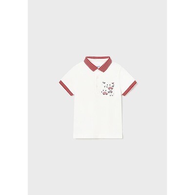 H10340MAY / 1105-056 POLO TOP CREAM RED STRIPE COLLAR & SLEEVE TRIM