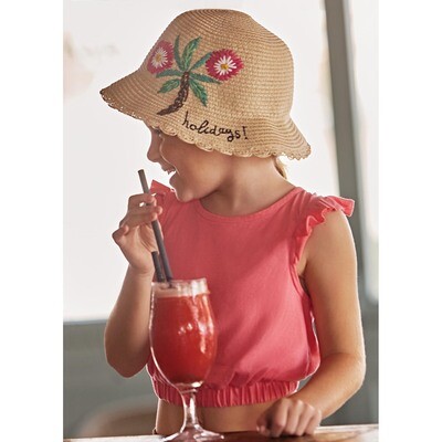 H10430MAY / 10499-063 STRAW HAT GREEN & FUSCHIA FLORAL APPLIQUE