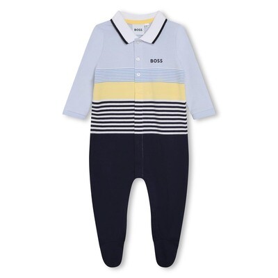 H10373BOS / J98414-771 2 PC POLO SLEEPER & HAT PALE BLUE YELLOW & NAVY