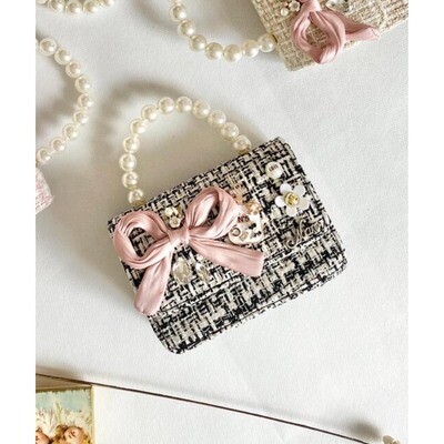 Z11056CEC / AB0700 PURSE BLACK TWEED PINK BOW FANCY CHARMS PEARL HANDLE