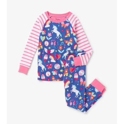 H10736HAT / S23GDK1269 2 PC PYJAMA BLUE MULTI COLORED  PRINT STRIPED SLEEVES