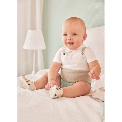 H10974MAY / 1618-010 2PC KNIT OVERALL  SET WHITE TAN & GREEN