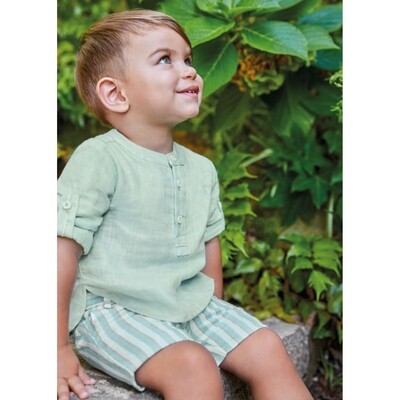 H10992ABE / 5229-062 2 PC SHORT SET GREEN  STRIPED SHORTS ROLLUP SLEEVE