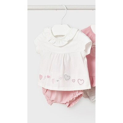 H11041MAY / 1609-094 2PC SHORT SET WHITE & PINK BLOOMERS DOTS & HEARTS