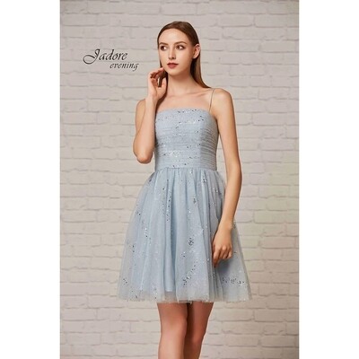 H11093JAD / J18078 DRESS BLUE SPARKLY TULLE SILVER DOTS PLEATED BODICE WOMENS