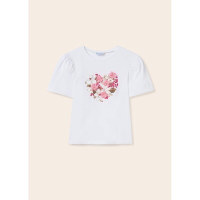 H11156MAY / 6044-012 TSHIRT WHITE PINK FLOWER APPLIQUE & PRINT