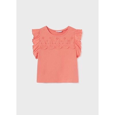 H11160MAY / 6060-059 TSHIRT PINK CORAL LACE NECKLINE FRILL SLEEVE TRIM