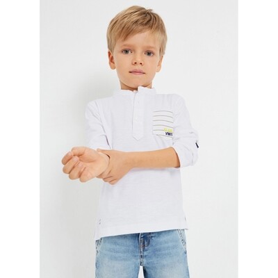 H11261MAY / 3158-025 POLO TSHIRT WHITE  MAO COLLAR & STRIPED POCKET & ELBOW PATCH LONG