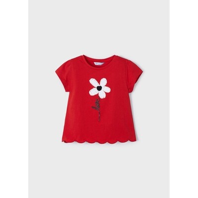 H11315MAY / 3060-65 TSHIRT RED WHITE CROCHET FLOWER APPLIQUE CAP SLEEVE