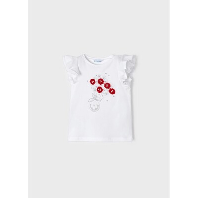 H11314MAY / 3054-082 TSHIRT WHITE RED FLOWER APPLIQUE CAP SLEEVE TULLE & FLOUNCE TRIM