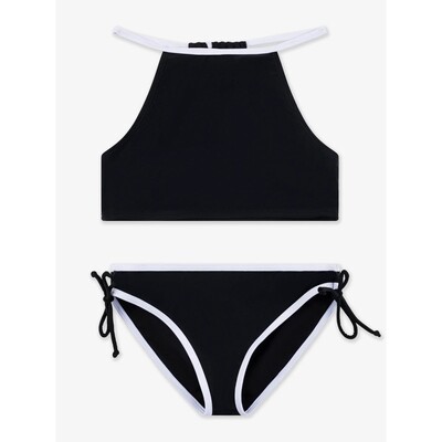 H11377LIM / MIA-BK 2PC SWIMSUIT BLACK WHITE TRIM CROSSED BACK